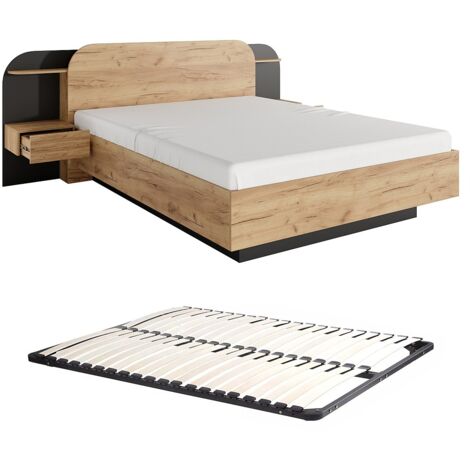 Lit avec chevets 160 x 200 cm - Avec LEDs - Coloris : Naturel et noir + Sommier - JUVISIA (1/5)