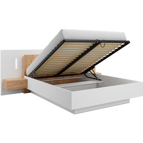 Vente-Unique – Lit coffre 160 x 200 cm – 2 tiroirs – Avec LEDs blanches – Panneau mélaminé blanc et naturel – Éco-responsable, fabriqué en Europe