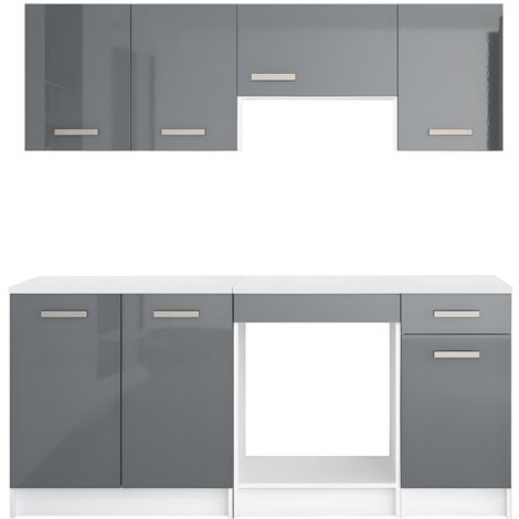 Vente-Unique – Cuisine complète 180 cm – Plan de travail mélaminé gris brillant – 6 éléments de rangement – Facile d'entretien et résistant aux rayures (1/5)