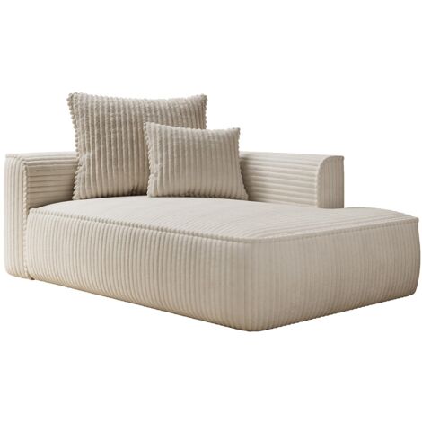 Vente-Unique – Méridienne droite en velours côtelé grosses côtes beige – Assise 1 place avec coussins – Mousse haute résilience – Fabrication européenne