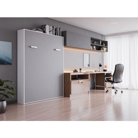Lit escamotable 160 x 200 cm - Ouverture verticale manuelle - Blanc et gris - MALINA II