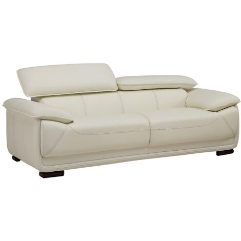 Vente-Unique – Canapé droit 3 places en cuir de vachette ivoire – Têtières ajustables – Longueur 204 cm – Charge maximale 360 kg