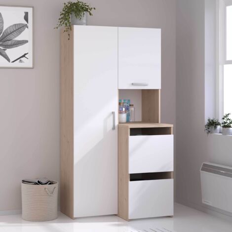 Rangement de salle de bain avec placards, étagères et colonne - Naturel clair et blanc - L92 x H184 cm - ERKANO