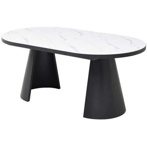 Vente-Unique – Table extensible ovale 6 à 10 personnes en MDF et métal – Effet marbre blanc et noir – Rallonge papillon – Charge max 75 kg