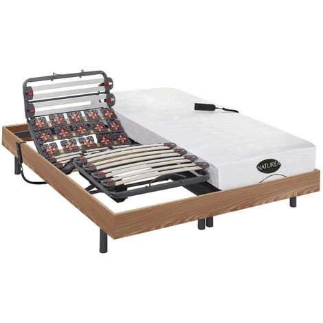 Vente-Unique – Lit électrique de relaxation 2 x 80 x 200 cm – Matelas mémoire de forme bambou – Technologie lattes et plots – Confort ajustable
