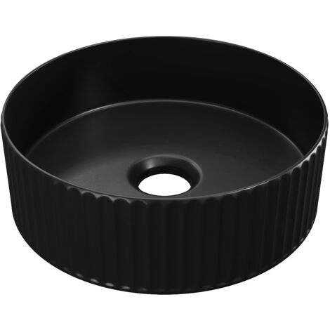 Vente-Unique – Vasque à poser céramique striée ronde 36 cm – Noir mat – Épaisseur 8 mm – Hauteur 12 cm – Pour salle de bain moderne (1/5)