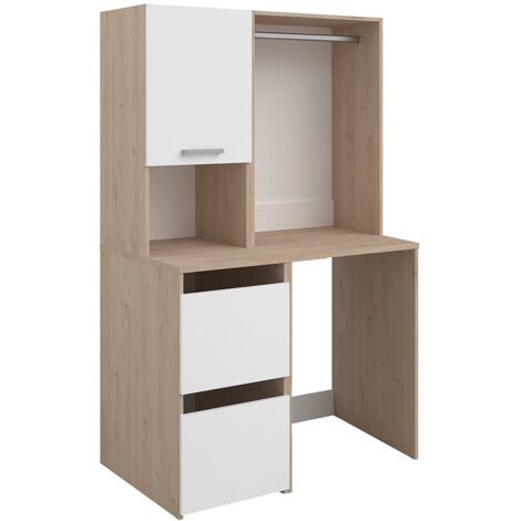 Vente-Unique – Meuble machine à laver avec penderie et placards – Naturel clair et blanc – L65 x H184 cm – Panneau de particule mélaminé