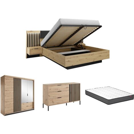 Ensemble lit coffre avec chevets 160 x 200 cm + Matelas + Commode + Armoire - Coloris : Naturel et noir - ARIADA (1/5)