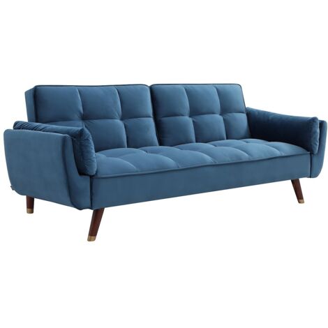 Vente-Unique – Canapé convertible clic-clac 3 places en velours bleu – Dossier inclinable multi-positions – Longueur 211 cm – Largeur couchage 103 cm (1/5)