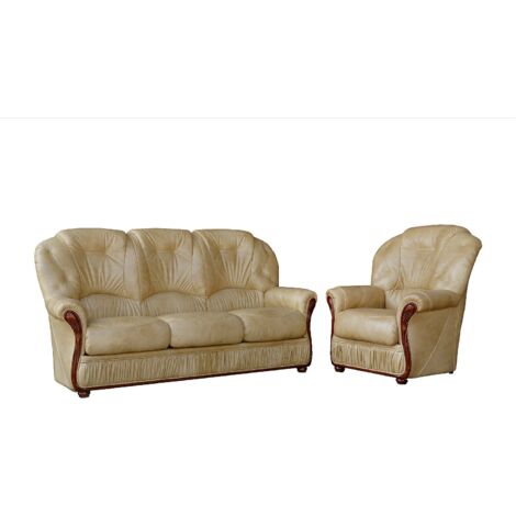 Vente-Unique – Canapé droit 3 places et fauteuil 1 place en cuir de buffle beige – Assise déhoussable – Accoudoirs en bois sculpté – Élégance rustique (1/4)