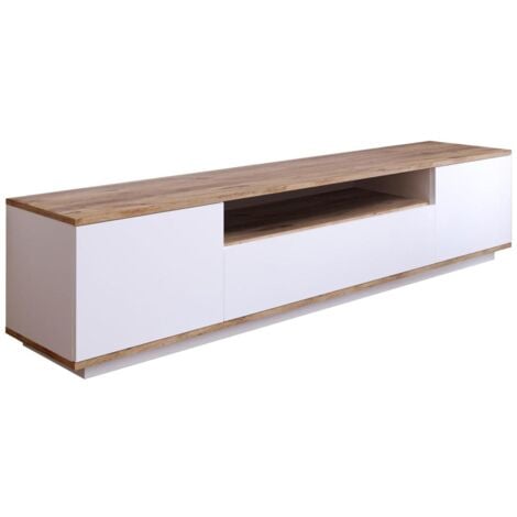 Meuble TV avec 3 portes et 1 niche - Blanc et naturel - LOTULA