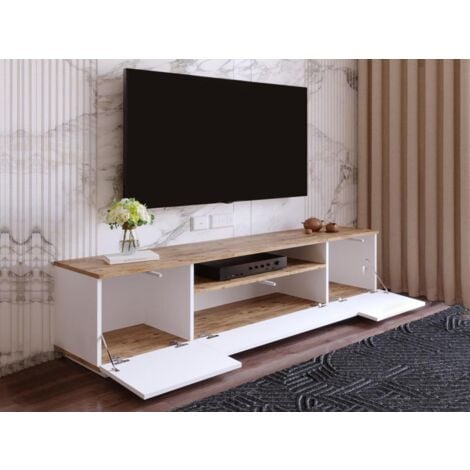 Meuble TV avec 3 portes et 1 niche - Blanc et naturel - LOTULA