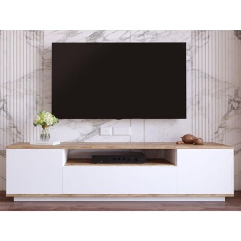 Meuble TV avec 3 portes et 1 niche - Blanc et naturel - LOTULA