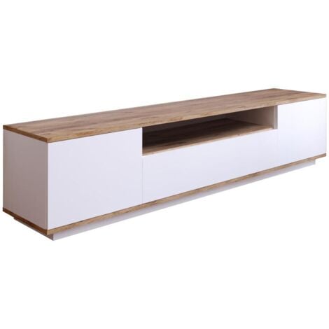 Meuble TV avec 3 portes et 1 niche - Blanc et naturel - LOTULA