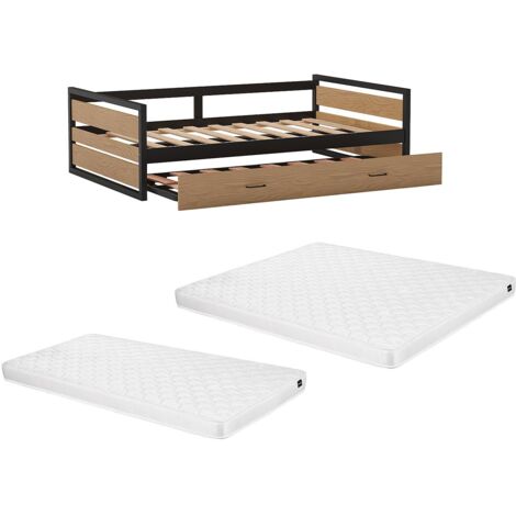 Lit gigogne 120 x 200 et 90 x 200 cm - MDF, Pin et métal - Naturel et anthracite + Matelas - BOSTON (1/5)