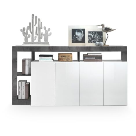 Vente-Unique – Buffet moderne 4 portes noir laqué et blanc brillant – Dimensions 184x42x93 cm – Design italien fonctionnel pour salon et salle à manger (1/5)