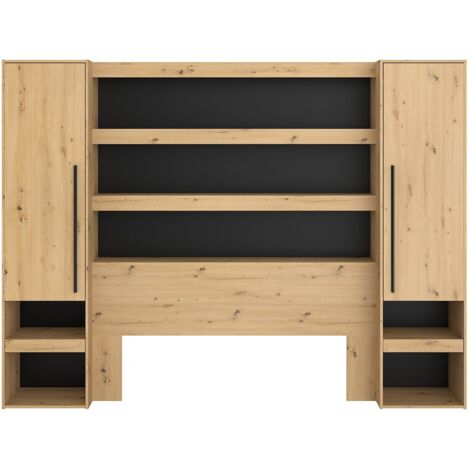 Vente-Unique – Pont de lit avec rangements et LEDs – Longueur 269 cm – Couleur naturel et noir – Panneau de particules mélaminé – Éclairage multicolore (1/5)