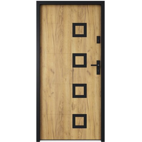 Vente-Unique – Porte d'entrée acier 207 x 100 cm effet chêne – Poussant gauche – 2 points de serrure – Éco-responsable fabriquée en Europe