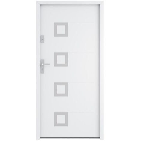 Vente-Unique – Porte d'entrée acier pleine et inox 207 x 100 cm blanc – épaisseur 55 mm – poussant droit – 2 points de serrure – Isolation thermique 1.5