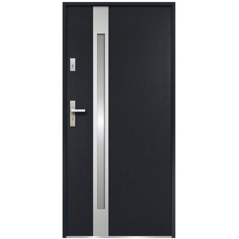 Vente-Unique – Porte d'entrée acier vitrée 207 x 100 cm – Verre dépoli – Anthracite – Poussant droit – 2 points de serrure – Fabriqué en Europe