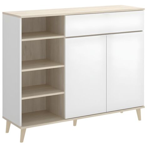 Buffet de cuisine WAJDI - 2 portes, 1 tiroir et 4 niches - Blanc et chêne (1/6)