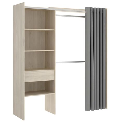 Mobimarket – Dressing extensible 110/160 cm en chêne et gris – Hauteur 205 cm – Rideau en polyester – Tiroir avec glissières métalliques (1/5)