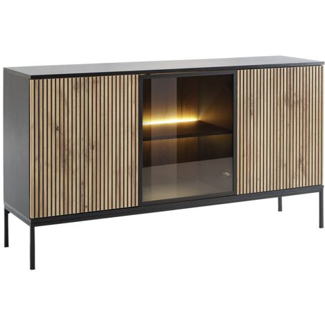 Buffet 3 portes avec LEDs en MDF et verre fumé - Noir et Naturel - OVILA (1/4)