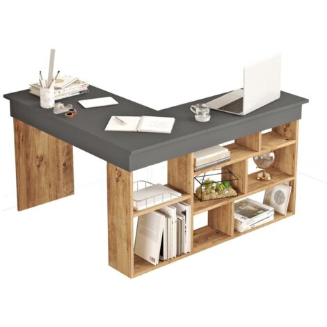Cotecosy – Bureau d'angle en mélaminé noir 129x120x72 cm – Design moderne avec étagères intégrées – Pour bureau à domicile ou coin d'étude