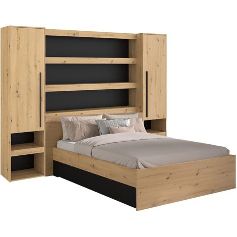 Vente-Unique – Lit pont 160 x 200 cm avec rangements – 2 tiroirs et 4 niches – Avec LEDs multicolores – Éco-responsable fabriqué en France