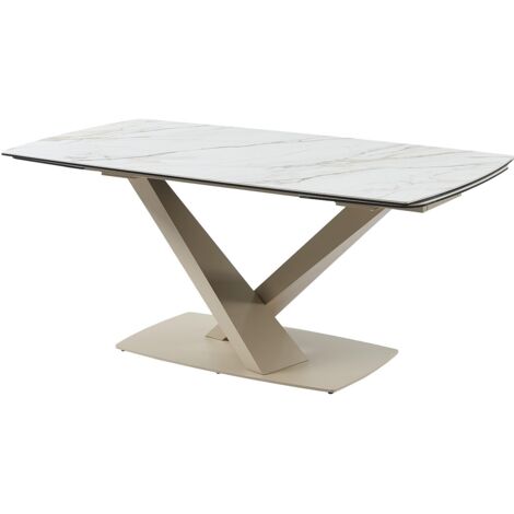 Vente-Unique – Table extensible 6 à 10 personnes – Verre trempé et céramique – Rallonges coulissantes intégrées – Effet marbre blanc et beige (1/5)