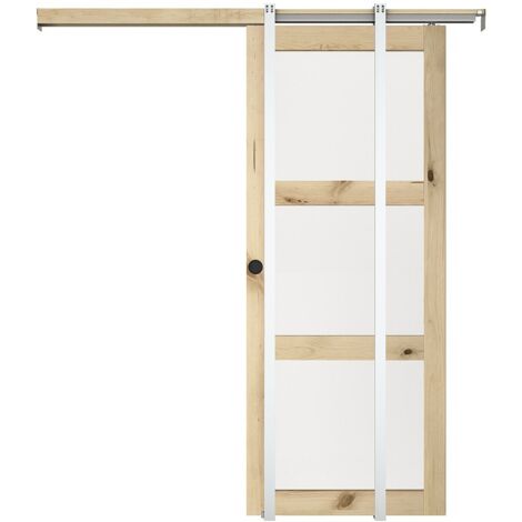 Vente-Unique – Porte coulissante en bois et verre trempé dépoli – Système à galandage – 3 fenêtres – H205 x L63 cm – Intérieur (1/5)