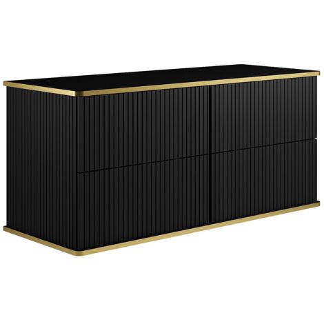 Vente-Unique – Meuble sous vasque suspendu noir 120 cm – Finition striée avec liseré doré – 4 tiroirs avec système push to open – MDF éco-responsable (1/5)