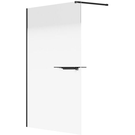 Vente-Unique – Paroi de douche à l'italienne 140 x 200 cm – Verre trempé 6 mm – Noir mat – 2 étagères en acier inoxydable – Porte-serviette inclus (1/4)