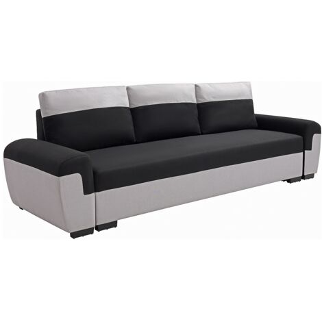Vente-Unique – Canapé convertible 3 places en tissu noir et gris clair – Mécanisme coulissant – Coffre de rangement intégré – Coussins déhoussables (1/5)