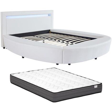 Lit rond 160 x 200 cm - Avec LEDs - Simili - Blanc + Matelas - ABULIS III (1/5)