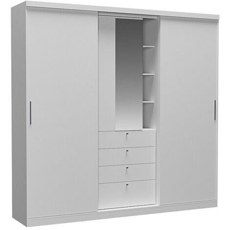 Vente-Unique – Armoire coulissante 2 portes avec miroir – 240 cm blanc – 4 tiroirs, 4 niches, 7 lingères, 3 penderies – Panneau de particule éco-friendly