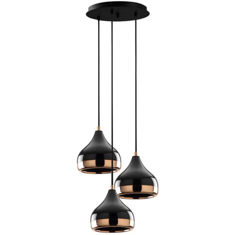 Lustre en métal noir et cuivré à hauteur réglable – 3 abat-jours – D. 37 cm – H. 25/111 cm – Finition brillante – Douille E27 – Ozaia (1/7)