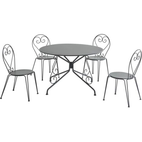Salle à manger de jardin en métal façon fer forgé : une table D.120cm et 4 chaises empilables - Anthracite - GUERMANTES de MYLIA