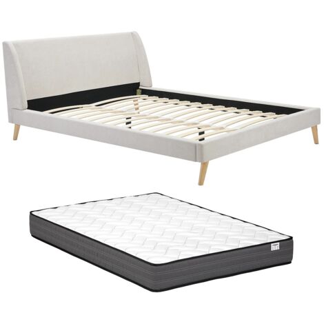 Lit scandinave 160 x 200 cm - Tissu - Beige + Matelas - BENEDICTE (1/5)