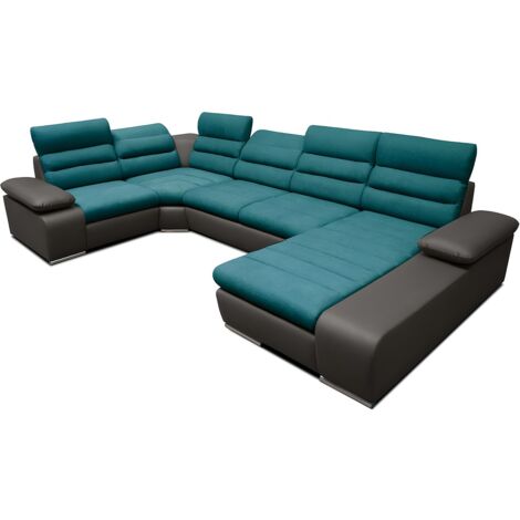 Canapé d'angle panoramique convertible en tissu et simili BOILEAU - Bicolore turquoise/anthracite - Angle droit (1/5)