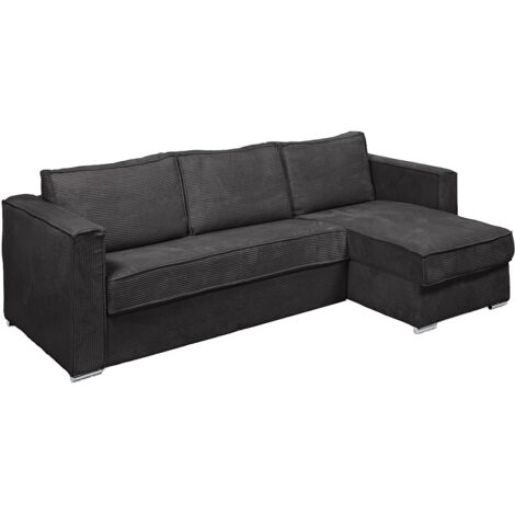 Canapé d'angle convertible express et réversible en velours côtelé gris anthracite - Couchage à lattes larges 140 cm - Matelas 22 cm avec mémoire de forme LORETO (1/5)