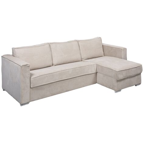 Canapé d'angle convertible express et réversible en velours côtelé beige - Couchage 140 cm - Matelas 22 cm avec mémoire de forme LORETO (1/5)