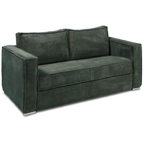 Canapé 4 places convertible express en velours côtelé vert sapin - Couchage à lattes larges 160 cm - Matelas 22 cm avec mémoire de forme LORETO (1/5)