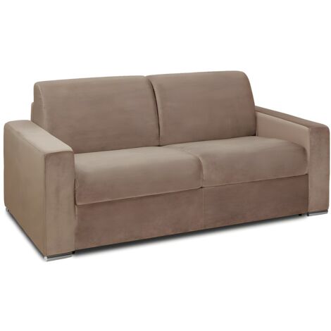 Canapé 2 places convertible express en velours beige - Couchage lattes larges 120 cm - Matelas 14 cm avec mémoire de forme CALITO (1/5)