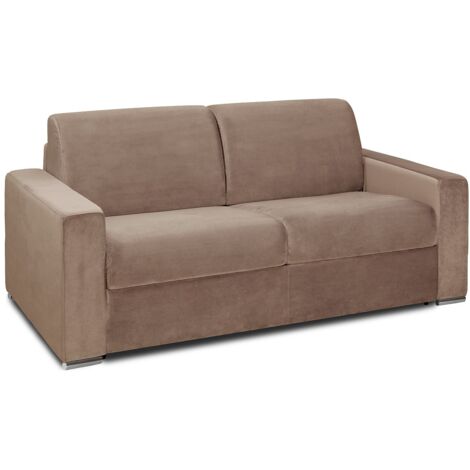 Canapé 4 places convertible express en velours beige - Couchage 160 cm - Matelas 14 cm CALITO (1/3)
