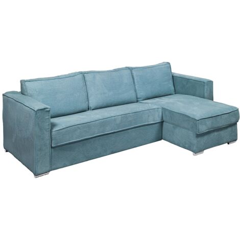 Canapé d'angle convertible express et réversible en velours côtelé bleu turquoise - Couchage à lattes larges 140 cm - Matelas 18 cm LORETO (1/5)