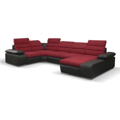 Canapé d'angle panoramique convertible en tissu et simili BOILEAU - Bicolore Rouge/Noir - Angle droit (1/5)