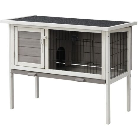 Clapier en bois sur pieds pour lapins et rongeurs - L. 91 x P. 45 x H. 70 cm - Blanc et gris - LAPIUS (1/5)