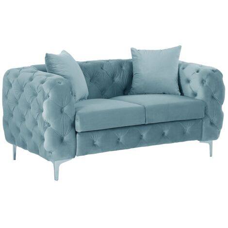 Canapé 3 Places Chesterfield Velours Bleu Pastel – Dossier Capitonné, Piètement Bois | Style Vintage, Confortable, Déhoussable