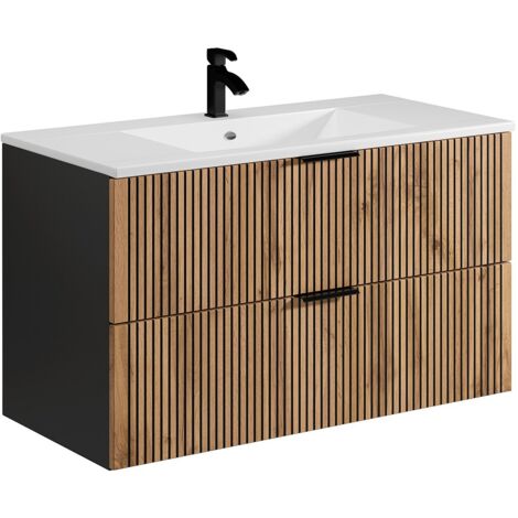 Vente-Unique – Meuble de salle de bain suspendu avec vasque à encastrer – Naturel clair et noir – 100 cm – 2 tiroirs soft close – Éco-responsable (1/5)